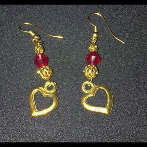 handmade gold & red heart dangle earrings